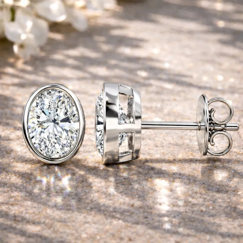 Oval Bezel Diamond Stud Earrings
