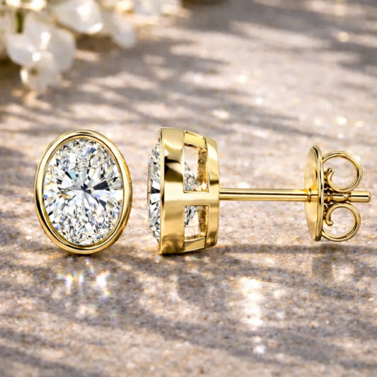 Oval Bezel Diamond Stud Earrings
