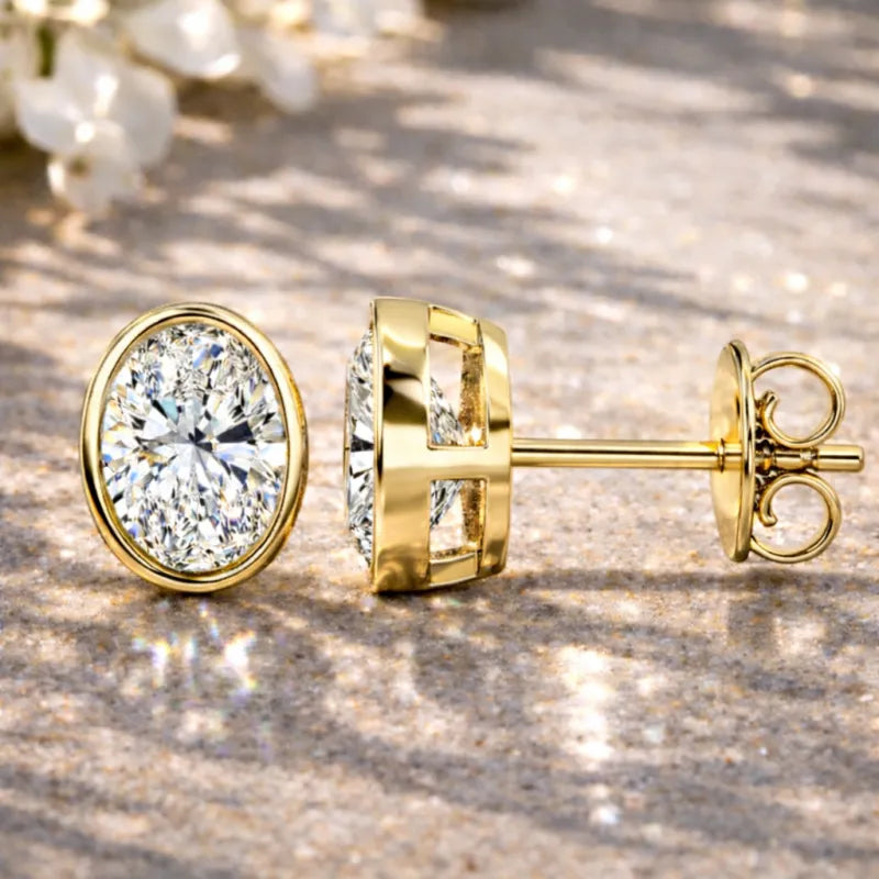 Oval Bezel Diamond Stud Earrings